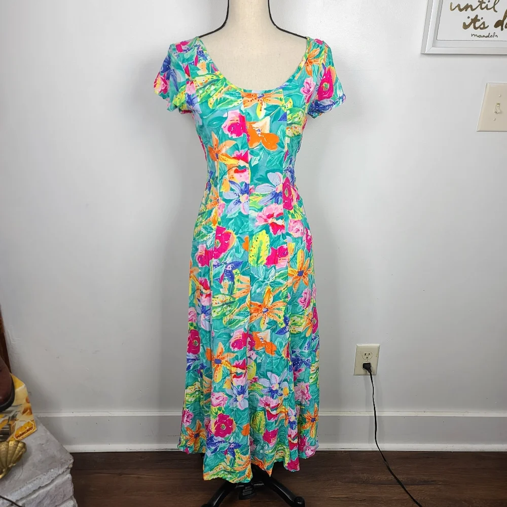 Vtg 80's/90's Jams World Bright Floral Tropical Print Back Tie Sash Midi Dress S - Picture 14 of 14